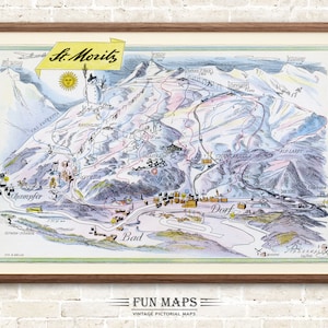Fun Ski Run Run Karte von St. Moritz in den Schweizer Alpen, Schweiz, Vintage bildliche Cartoon Druck Illustration, Wand Kunst Dekor Geschenk