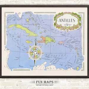 Mapa divertido de las Antillas en el Caribe: ilustración vintage con dibujos animados, aventura y decoración mural.