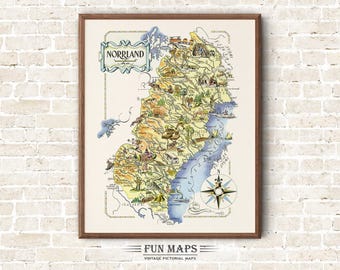 Fun Map of North Sweden Vintage Pictorial Whimsical Print Illustration Scandinavian Wall Art Travel Poster Nordic Adventure Map
