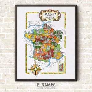 Zabawna mapa prowincji Francji, prowincji we Francji, FR - Vintage Pictorial Whimsical Cartoon Print Illustration Adventure Gift
