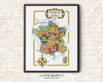 Fun Map of Provinces de France, Provinces in France, FR - Vintage Pictorial Whimsical Cartoon Print Illustration Adventure Gift