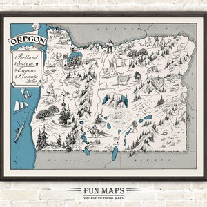 Mapa divertido de Oregón: Ilustración vintage con dibujos animados de Johst, decoración de pared, póster de regalo