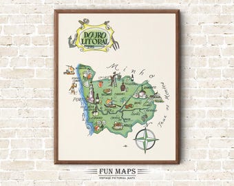 Fun Map of Douro Litoral in Portugal Vintage Pictorial Whimsical Cartoon Old Print Illustration Spanish Wall Art Travel Poster Adventure Map