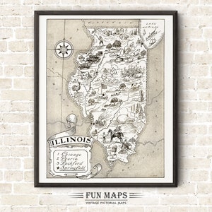 Mapa vintage del estado de Illinois: divertida ilustración pictórica con dibujos animados, aventura, decoración de pared, regalo y póster.