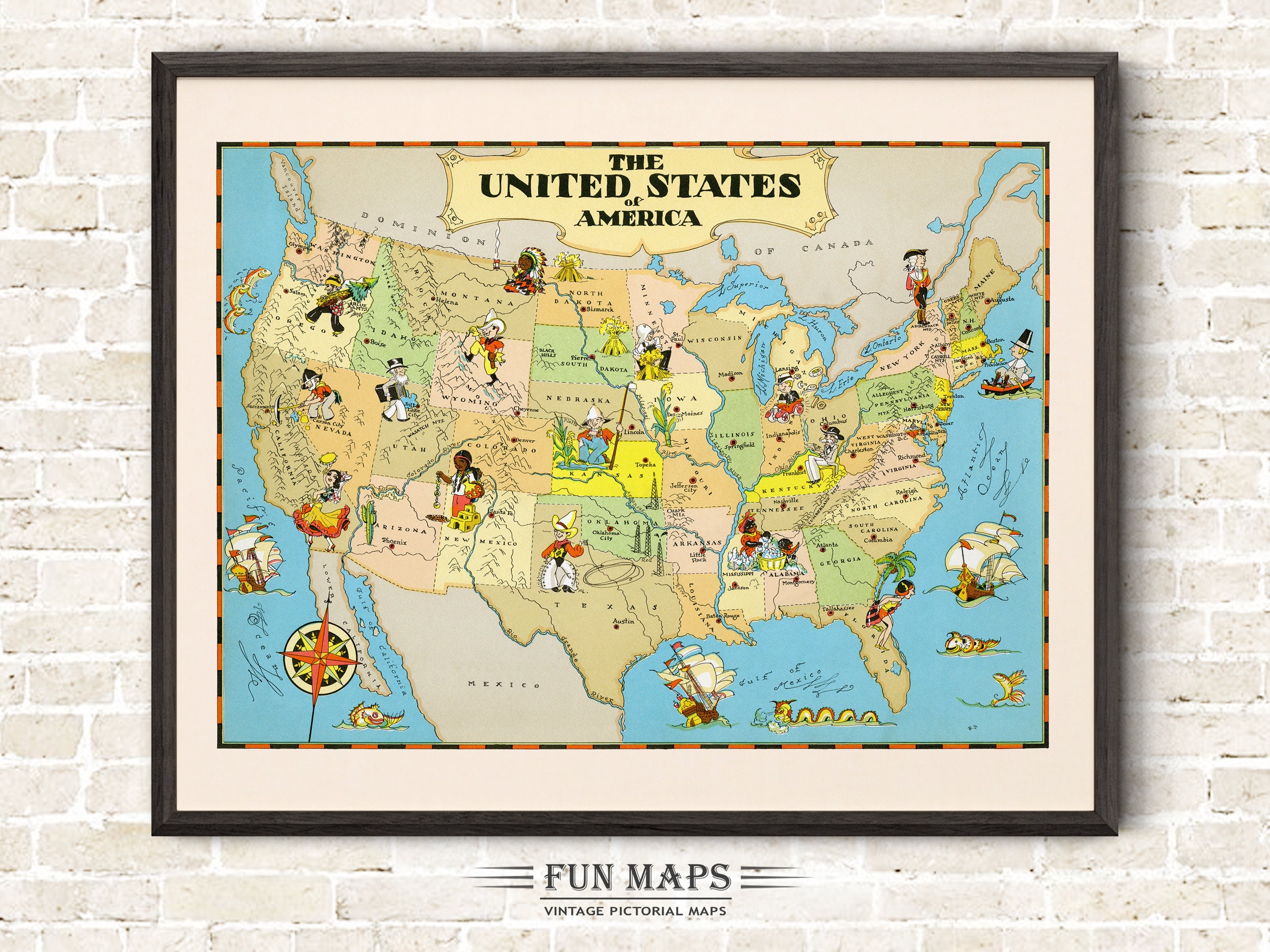 Fun Map of the United States – Vintage Pictorial Whimsical Cartoon