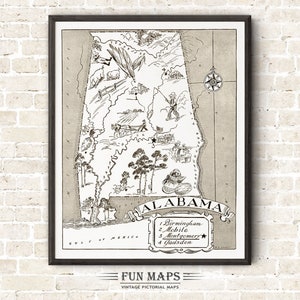 Vintage Bundesstaat Karte von Alabama - lustige bildhafte, skurrile Cartoon-Druck-Illustration | Abenteuer | Wand Kunst Dekor | Geschenk | Plakat