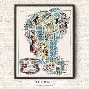 Mapa divertido de Nueva York de noche: impresión vintage de dibujos animados, ilustración antigua, aventura, arte de pared, decoración, póster de regalo