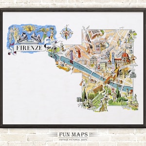 Fun Map of Florence in Italy Vintage Pictorial Whimsical Cartoon Old Print Illustration Italian Wall Art Gift Travel Poster Adventure Map