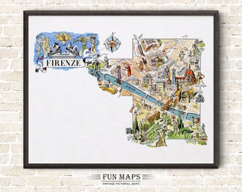 Fun Map of Florence in Italy Vintage Pictorial Whimsical Cartoon Old Print Illustration Italian Wall Art Gift Travel Poster Adventure Map