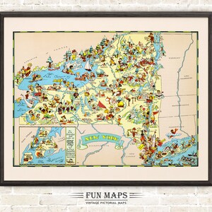 Spaß Zustand Karte von New York - Vintage bildhafte skurrile Cartoon-Druck-Illustration | Abenteuer | Wand Kunst Dekor Geschenk Poster
