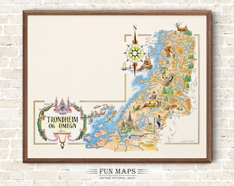 Fun Map of Norway, Trondheim and Surrounding Areas Vintage Pictorial Whimsical Print Illustration Scandinavian Wall Art Poster Adventure Map