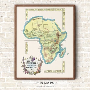 Peut inclure: Une carte vintage encadrée de l'Afrique, avec les itinéraires et les noms des explorateurs. La carte est dans des tons de jaune, vert et marron, avec de l'eau bleue. Le texte comprend "LES ITINERAIRES DES GRANDS EXPLORATEURS" et "FUN MAPS".