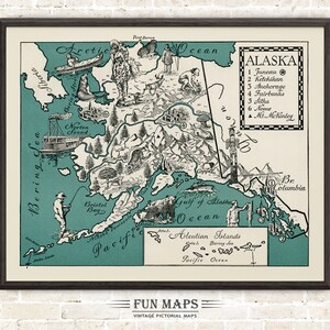 Mapa de Alaska: Divertida impresión vintage de dibujos animados, ilustración antigua, arte de pared, decoración, regalo, póster, viaje.