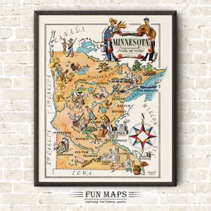 Carte d'état du Minnesota amusante – illustration vintage d'impression de dessin animé lunatique pictural | Aventure | Art mural décoratif | Cadeau | Affiche