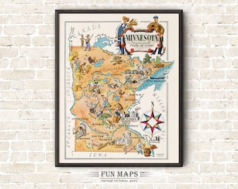 Fun State Map of Minnesota – Vintage Pictorial Whimsical Cartoon Print Illustration from 1940’s by Liozu | Wall Art Décor | Gift | Poster