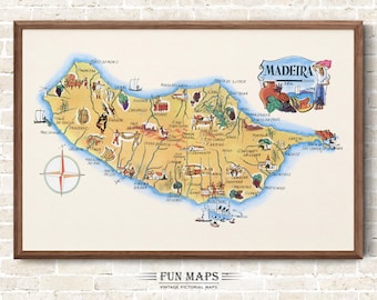 Fun Map of Madeira in Portugal Vintage Pictorial Whimsical Cartoon Old Print Illustration Spanish Wall Art Gift Travel Poster Adventure Map
