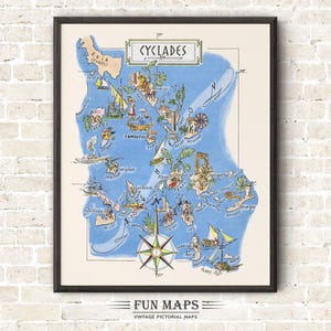 Lustige Karte der Kykladen eine griechische Inselgruppe Vintage Bild wunderlich alte Druck Illustration Wand Kunst Reise Poster Abenteuer