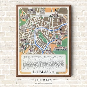 Old Map of Ljubljana the Capital of Slovenia Vintage Pictorial Print Illustration Wall Art Décor Gift Travel Poster Adventure Map