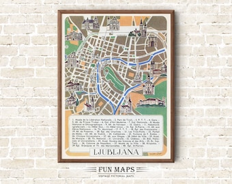 Old Map of Ljubljana the Capital of Slovenia Vintage Pictorial Print Illustration by Liozu Wall Art Décor Gift Travel Poster Adventure Map