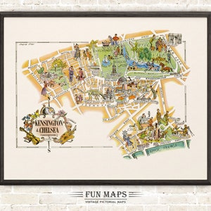 May include: A framed vintage pictorial map of Kensington & Chelsea, featuring colorful illustrations of landmarks, parks, and people. The map has a cream-colored background with a black frame and the words "FUN MAPS" at the bottom.