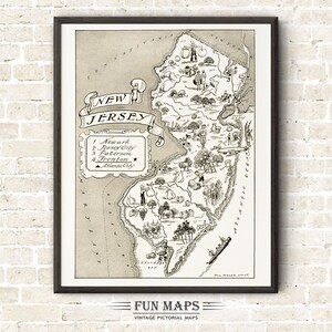 Mapa vintage del estado de Nueva Jersey: ilustración divertida, pictórica y divertida, ideal para decorar paredes, regalos y pósteres.
