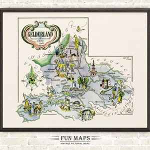 Carte amusante de la Gueldre aux Pays-Bas, illustration vintage d'impression fantaisiste picturale hollandaise | Aventure | Cadeau déco art mural