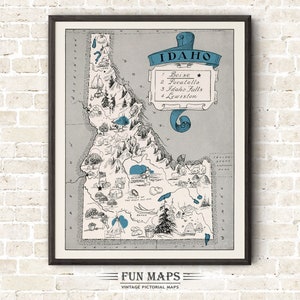 Mapa divertido de Idaho: Ilustración vintage con dibujos animados de Johst, decoración de pared, póster de regalo