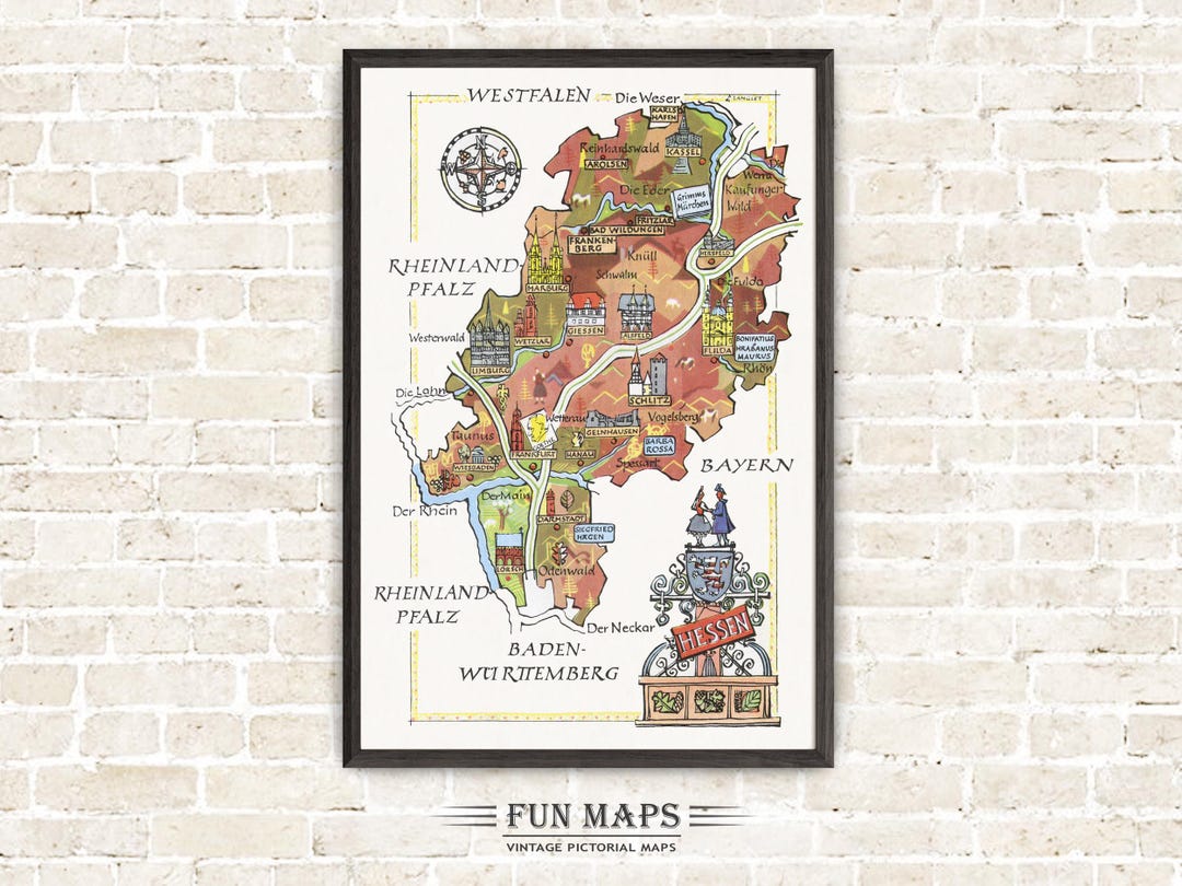 Fun Map of Hessen in Germany, Deutschland, DE - Vintage Pictorial ...