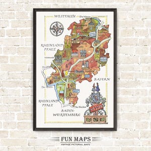 Mapa divertido de Hesse en Alemania (DE): Ilustración vintage con dibujos animados de Adventure Wall Art Décor