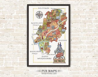 Fun Map of Bavaria in Germany, Deutschland, DE Vintage Pictorial ...