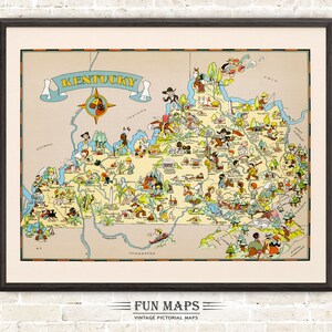 Mapa divertido del estado de Kentucky: ilustración vintage con dibujos animados, aventura, decoración de pared, póster de regalo