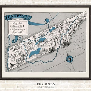 Mapa divertido de Tennessee: Ilustración vintage de dibujos animados de Johst, decoración de pared, póster de regalo