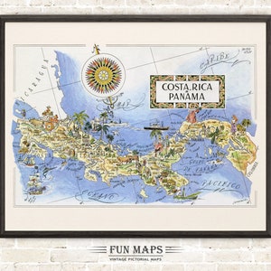Mapa divertido de Costa Rica y Panamá: ilustración antigua, con dibujos animados, ilustraciones y aventuras, decoración de pared, póster de regalo.