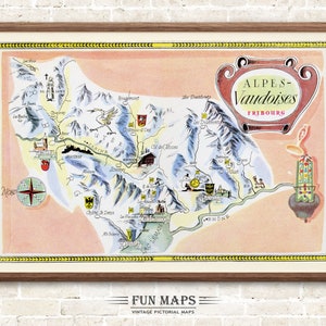 Fun Ski Run Run Karte von Friborg in den Schweizer Alpen, Schweiz, Vintage bildliche Cartoon Print Illustration, Wandkunst