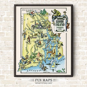 Mapa divertido del estado de Rhode Island: ilustración vintage con dibujos animados, aventura, decoración de pared, regalo y póster.