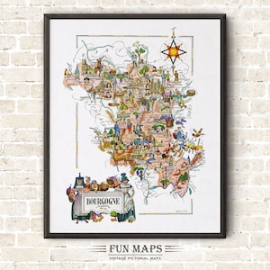 Carte amusante de la Bourgogne, une province française, France, FR - vintage pictural fantaisiste dessin animé impression illustration aventure art mural