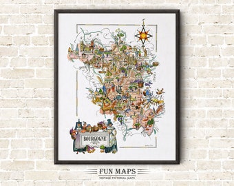 Fun Map of Bourgogne a French Province, France, FR - Vintage Pictorial Whimsical Cartoon Print Illustration Adventure Wall Art