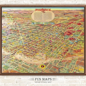 Leuke kaart van Phoenix Arizona – Valley of the Sun - vintage geanimeerde cartoon oude print illustratie cadeau muurkunstdecoratie