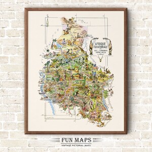 Fun Map of Equatorial Africa Vintage Pictorial Whimsical Old Print Illustration African Wall Art Gift Travel Poster Adventure Map