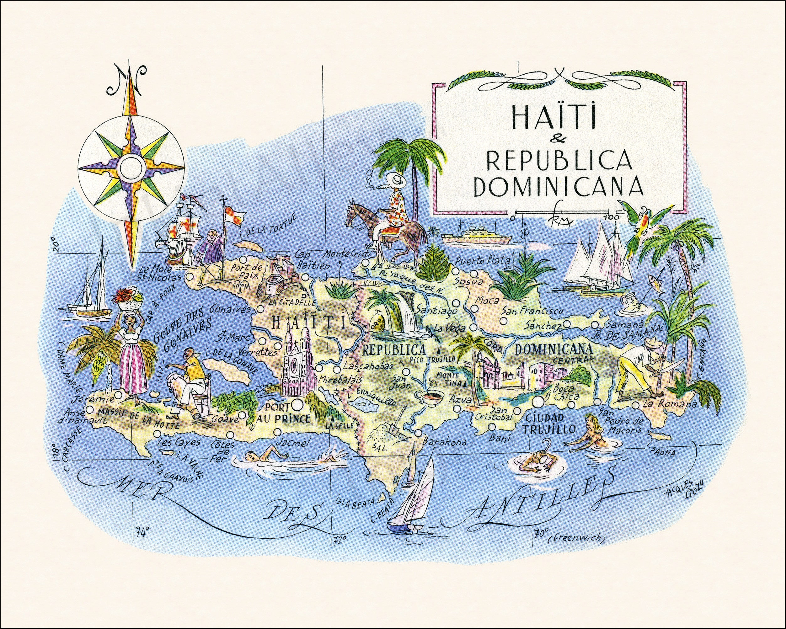 Fun Map of Haiti & the Dominican Republic in the Caribbean Vintage