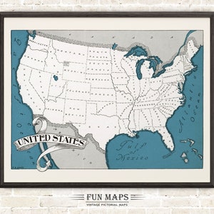 Mapa divertido de Estados Unidos: ilustración vintage con dibujos animados de Johst, decoración de pared, póster de regalo