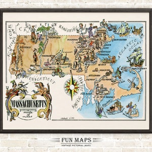 Mapa divertido del estado de Massachusetts: ilustración vintage con dibujos animados, aventura, decoración de pared, regalo o póster.