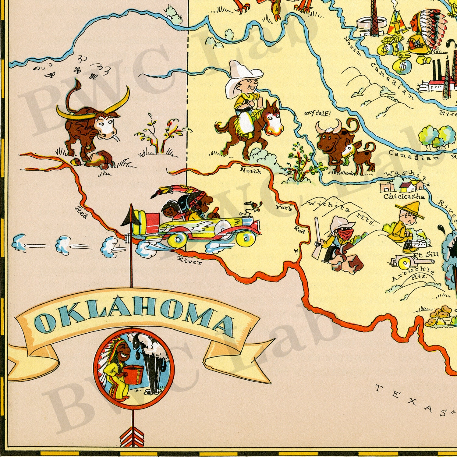 Colorful Fun State Map of Oklahoma Vintage Pictorial Cartoon | Etsy