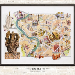 Mapa divertido de la antigua Roma en Italia, dibujo animado antiguo, ilustración, arte mural italiano, regalo, póster de viaje, aventura