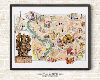 Fun Map of Ancient Rome in Italy Vintage Pictorial Whimsical Cartoon Old Print Illustration Italian Wall Art Gift Travel Poster Adventure