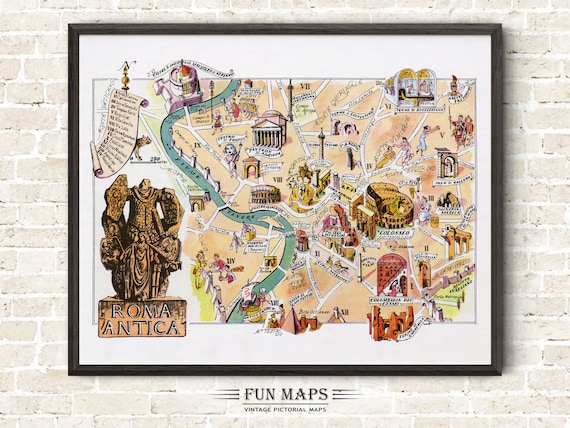イタリアの古代ローマの楽しい地図 ヴィンテージの絵入り気まぐれな