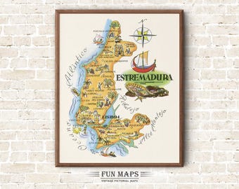 Fun Map of Estremadura in Portugal Vintage Pictorial Whimsical Cartoon Old Print Illustration Spanish Wall Art Gift Travel Poster Adventure