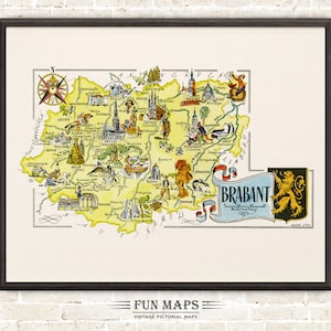 Lustige Karte von Brabant in Belgien - Vintage bildhafte skurrile Cartoon-Druck-Illustration | Abenteuer | Wand Kunst Dekor | Geschenk | Plakat