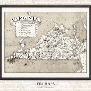 Mapa vintage del estado de Virginia: divertida ilustración pictórica y divertida, ideal para decorar paredes, regalos y pósteres.
