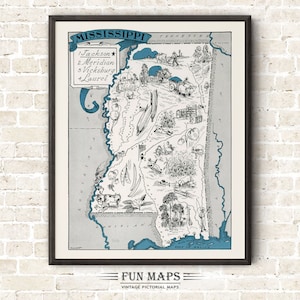 Mapa divertido de Misisipi: Ilustración vintage con dibujos animados de Johst, decoración de pared, póster de regalo